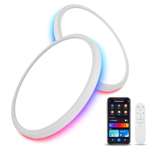 TITISLUMP 2 Pack Smart RGB LED Ceiling Light with Remote, 12" WiFi Flush Mount Ceiling Light Works with Alexa & Google Home, 24W=2400LM Dimmable, DIY Colors & 2700K-6500K, for Bedroom Living Room