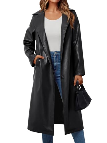 Trendy Queen Womens Black Long Faux Leather Jackets Trench Coat Fall Blazer 2025 Going Out Outfits Clothes Sexy Oversized Waterproof M