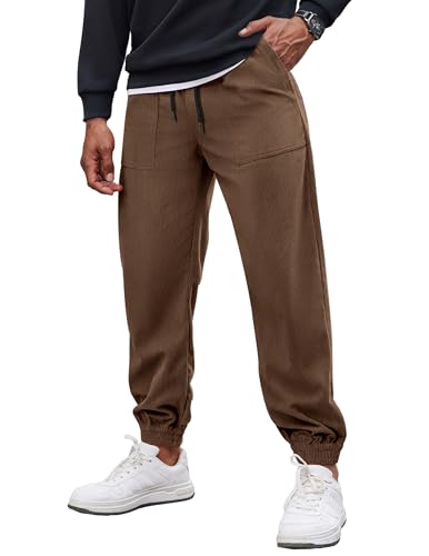 COOFANDY Casual Corduroy Pants Men Elastic Waist Drawstring Pants Tapered Corduroy Joggers Trousers, Brown, M