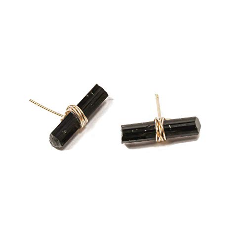 Black Tourmaline T Bar Stud Earrings in 14K Gold Fill, Handmade Earrings for Women with Gold Filled Posts and Stunning Natural Black Tourmaline Crystals (gold-filled)