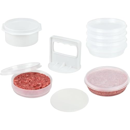 Mission Gallery Hamburger Press Patty Maker - 4 in1, Burger Mold, Patty Press, 8 Storage Containers, 100 Round Papers - Hamburger Patty Maker Tool for BBQ - Burger Shaper for Meat, Veggie Patties
