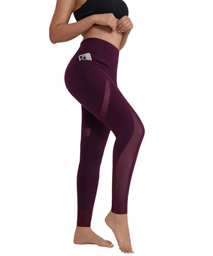 ALONG FIT Sexy Yoga Pants Sheer Side Mesh with 3 Pockets 4-Way Stretch Women Workout Leggings Tummy Control