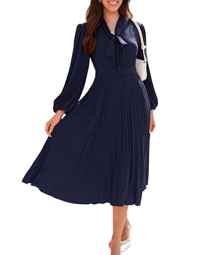 GRACE KARIN Womens 2024 Fall Long Sleeve V Neck Pleated A Line Dress Flowy Bow Tie Neck Casual Dresses Navy Blue