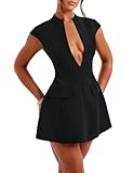 LuFeng Women's Summer Sexy Cap Sleeve Deep V Neck Zipper A-line Mini Dress Hollow Bodycon Night Out Party Dress Black