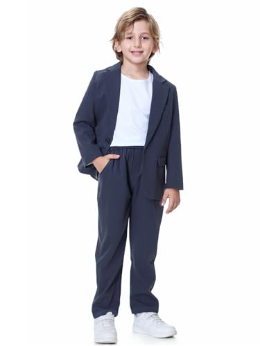 LOLANTA Boys Casual Suits Wedding Outfits Kids 2 Piece Gentleman Blazer and Pants Set Dresswear(Blue-Gray, 8-10)