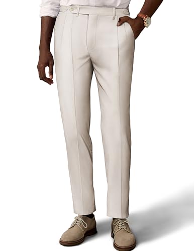 PJ PAUL JONES Dress Pants for Men Slim Fit Casual Lightweight Linen Trousers Adjustable Wasit Pleated Front Pants Light Khaki S