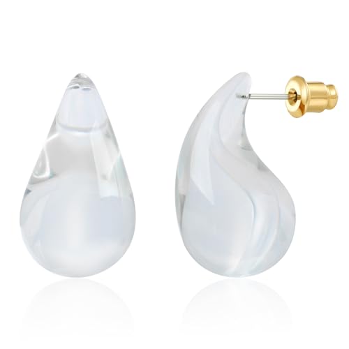 ENSKEFEN Clear White Teardrop Earrings for Women Chunky Dupes Earring Transparent Waterdrop Earrings Acrylic Resin Earring