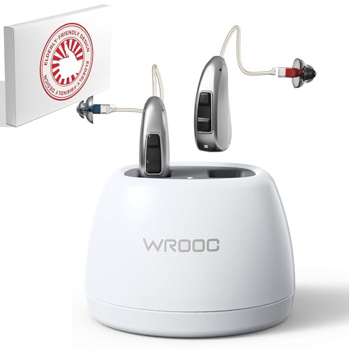 Wrooc MiniRIC Rechargeable Hearing Aids - Super Discreet Behind-the-Ear (BTE) with Receiver-in-Canal (RIC) Design, Great Performance for Clear Sound with Background Cancellation, 30-Hour Battery Life