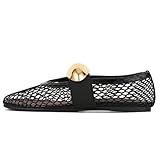 AMINUGAL Mesh Ballet Flats Shoes for Women Fashion Round Toe Fishnet Black Flats for Women Buckle Strap Mary Jane Shoes Women Comfy Casual Office Daily Dress Ballerina Shoes Size 7.5