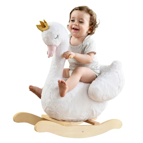 labebe Kids Rocking Horse White Swan, Stuffed Animal Wooden Rocker for Children 6 Months Boys and Girls/Nursery Christmas, Birthday Gift (Rocking Swan)