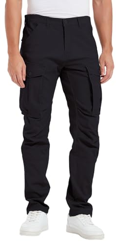 Plaid&Plain Men's and Women's Black Cargo Pants - Slim Fit, 3D Shape, Articulated Knees, Stretchy Fabric C804 Black 36WX28L
