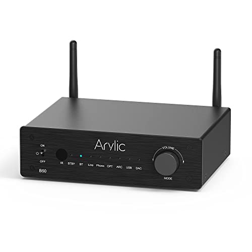 Arylic B50 2 Channel Bluetooth Amplifier with Audio Transmitter, 50W*2 Home Stereo Amplifiers with HDMI ARC,DAC,Phono in and Free APP. Support aptX HD Music Transmission & Reception.