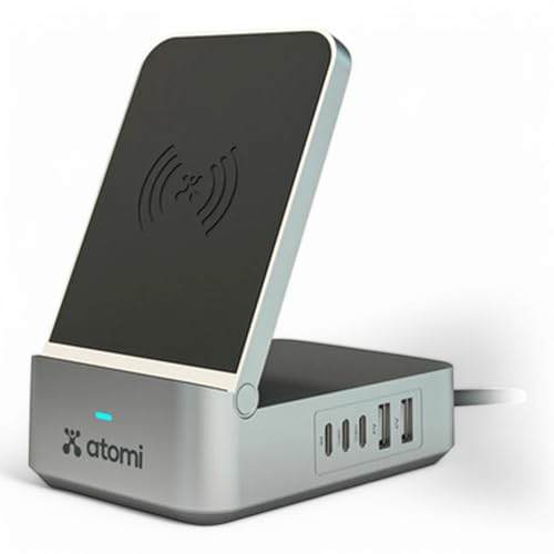 Atomi 55W Multi Port Charging Station Qi, 20W PD Port, 2X USB-C Ports, 2X USB-A Ports, 15W Wireless Charger, for Charging Smartphones, Earphones, or Smart Watches - AT1705-55W