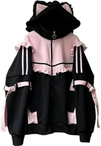 Harajuku Cat Print Hoodies Graphic Hoodie Jirai Kei Tenshi Kawaii Cat Ears Clothes Oversized Zip Up Hoodie Gothic Top (Pink,Large)