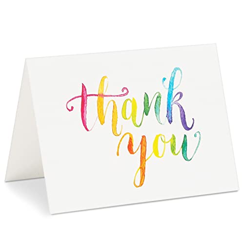 Sustainable Greetings 120 Pack Thank You Cards with Envelopes Bulk for Weddings, Bridal Showers, Graduations, Bridal, Baby Shower - Blank Inside - Watercolor Rainbow Font
