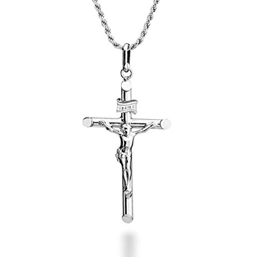 Miabella Rhodium Plated 925 Sterling Silver Small or Large Crucifix Necklace for Men Women, Cross Pendant with Rope Chain, Made in Italy (Large, Length 20 Inches (women's average length))