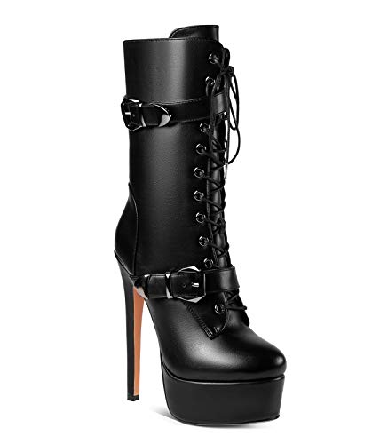 ANN CREEK 'Batian' Classic High Platform Mid Calf Boots Ultra High Stiletto Heels Lace Up Boots Faux Leather Round Toe Tie Up Boots Sexy Black Buckle Strap Thin High Heel Boots Black 13