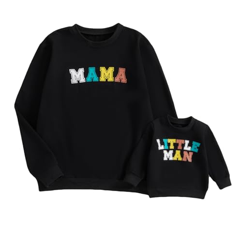 Karuedoo Mommy and Me Matching Outfits Letter Print Crewneck Long Sleeve Sweatshirt Top Mom and Son Matching Shirts(Women, M, Black)