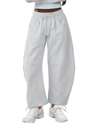 SeekMe Women's Barrel Leg Sweatpant Drawstring Elastic Waisted Wide Leg Pants Casual Cotton Palazzo Trousers with Pockets (0009-White-L)
