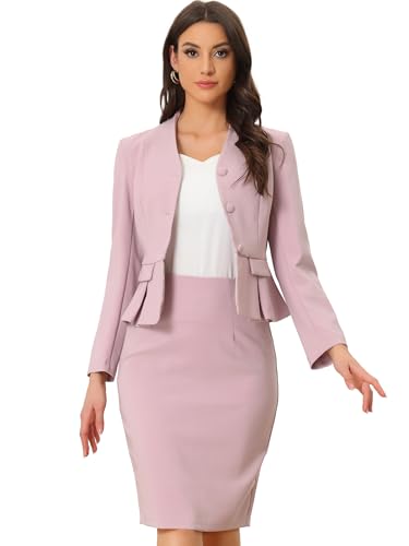 Allegra K Business 2 Piece Suit Set for Women's Long Sleeve Collarless Peplum Blazer Pencil Skirts Large Pink