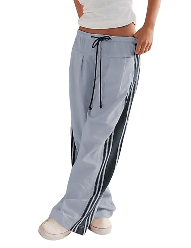 Bankeng Womens Side Striped Pants Wide Leg Drawstring High Waist Sweatpants Hudson Canyon Stripe Pants with Pockets(LightBlue,M)