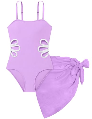 TALLWH Girls Swimsuit Size 8-7, Adjustable Straps Cut Out One Piece Bathing Suit with Solid Color Cover Up Skirt