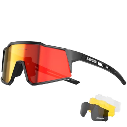 KAPVOE Polarized Cycling Glasses with 4 Interchangeable Lenses TR90 Sports Sunglasses Women Men Running MTB Bike Bicycle Accessories 01 Red Black