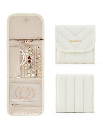 BAGSMART Travel Jewelry Organizer Case, Foldable Jewelry Roll for Necklaces, Earrings, Journey-Rings, Bracelets, Brooches, Portable, Beige