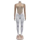 Aotasely Women's Sexy Long Sleeve Pearl Rhinestone Jumpsuit Patchwork Sheer Mesh See Through Bodycon Jumpsuit Party Night