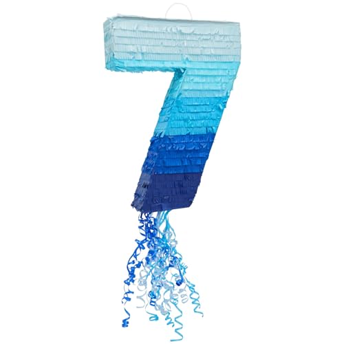 BLUE PANDA Number 7 Pull String Pinata - Ombre Blue 16.5 x 11.35 In - Birthday Pinata for Boys with Easy-Fill