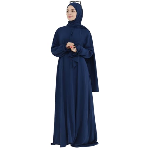 Women Muslim Dress Middle East Arabian Robe Islamic Modest Dress with Hijab Scarf Lace Sleeve Flowy Abaya Dress Navy