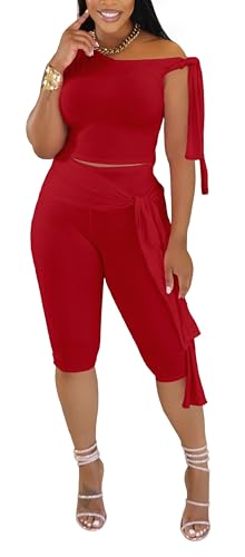 Summer Outfits for Women 2025 Vacation 2 Piece Set Sexy Crop Tops Pantsuits Evening Party Baddie Outfits Miami Outfits Red XXL