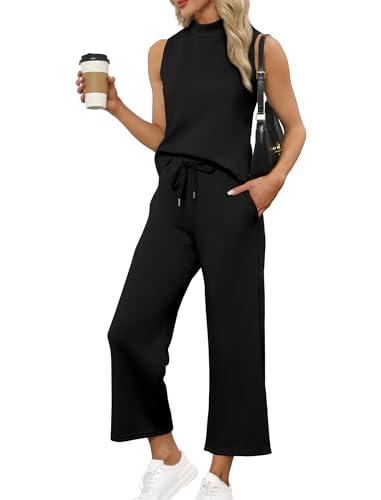 SAMPEEL Lounge Sets for Women 2 Piece Summer Outfits Matching Sets Women Clothing Vacation Outfits Business Casual Work Wide Leg Crop Pants Airport Travel Outfits 2025 Black L