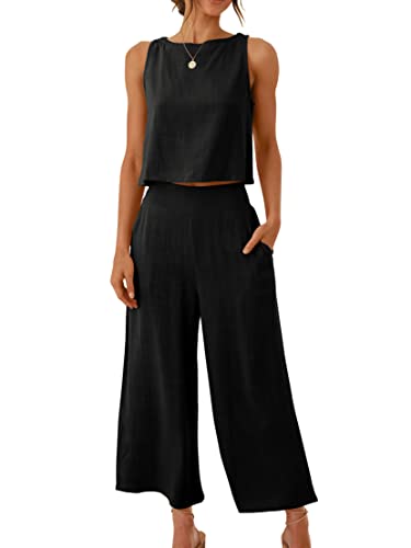 ANRABESS Women's Summer 2 Piece Outfits Sleeveless Crop Top Capri Wide Leg Pants Jumpsuit Casual Linen Lounge Matching Sets Beach Travel 2025 Trendy Clothes Black Medium