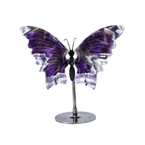 JIC Gem Chevron Amethyst Crystal Butterfly Art Decorative Healing Crystal Slices Carved Angel Wings with Silver Stand Office Home Decor Reiki Gifts (1pair, 10cm)