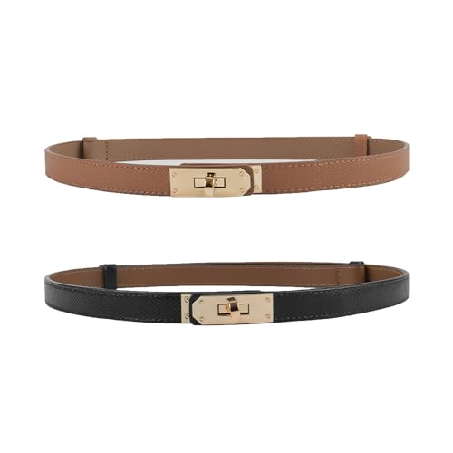 FENLDY Adjustable Thin Belts For Womens Skinny Belts For Dresses Womens Solid Color Alloy Turn Lock Belts For Jeans (Gold buckle Black+Caramel)