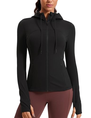 CRZ YOGA Butterluxe Womens Hooded Workout Jacket Athletic Running Zip Up with Back Mesh Vent and Thumb Holes Black Large