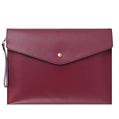 Wonderpool A4 Real Leather Multifunction Portfolio Envelope File Holder for Paper Document Stationery Organizer and Tablet Case PC Sleeve (Wine red)