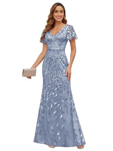 JKMMYO Dusty Blue V Neck Mother of The Bride Dresses for Wedding with Sleeves Mermaid Sequin Lace Formal Evening Gowns Size 8