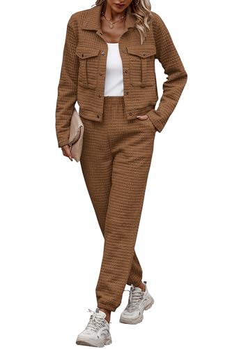 PRETTYGARDEN Womens 2025 Winter 2 Piece Outfit Tracksuit Long Sleeve Button Down Shacket Jacket Pockets Long Pants Casual Set (Camel,Medium)