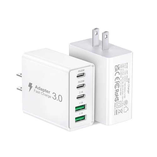 2Pack USB C Fast Charger Block,50W 5-Port USB C Wall Charger Brick,2 USB A & 3 USB C PD3.0 Power Adapter Multiport Type C Charging Plug for iPhone 16/15/14/13,Pad Mini/Pro,AirPods 4,GalaxyS23(White)