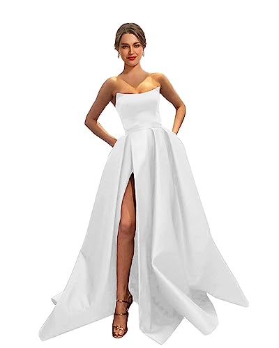 MllesReve Womens Long Strapless Satin Prom Dress Sleeveless Slit Evening Ball Gown with Pockets White Size 6