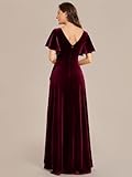 Ever-Pretty Women's V Neck Wrap Velvet Maxi Dress Ruffle Sleeve Split Bridesmaid Cocktail Party Dress Burgundy US16