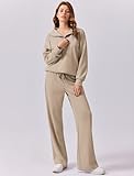 PINSPARK Womens Sweatsuits 2 Piece Set Quarter Zip Sweatshirt Wide Leg Sweatpants Matching Lounge Set Travel Tracksuit, Light Khaki M