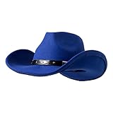 Lanzom Women Men Classic Felt Wide Brim Western Cowboy Cowgirl Hat with Belt Buckle(Royal Blue, Medium)