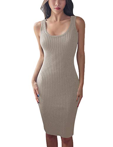 Cotton Knitted Scoop Neck Stretch Knee Length Bodycon Tight Korean Style Maternity Holiday Sun Casual Midi Tank Dress (M, Dark Beige)