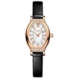 CakCity Women's Dainty Small Oval Leather Strap Watch Ladies Wrist Watch,Black/Rose Gold,CK013,20x27mm