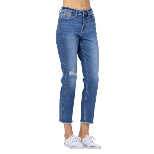 Judy Blue Women's High-Rise Howdy Embroidery Boyfriend Jeans with Side Seam Stitch (Medium Blue, 9)