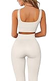 QINSEN Yoga Outfit for Women Seamless 2 Piece Workout Sport Bra High Waist Leggings Sets Beige S