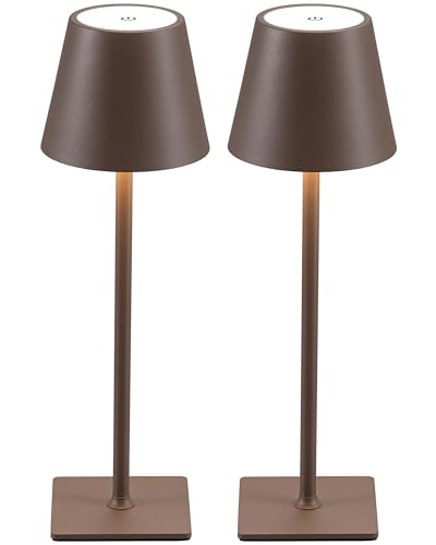 KDG 2 Pack Cordless Table Lamp,Portable LED Desk Lamp, 5000mAh Battery Operated, 3 Color Stepless Dimming Up, for Restaurant/Bedroom/Bars/Outdoor Party/Camping/Coffee Shop Night Light(Brown)